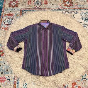Robert Graham Button Down flip cuff Shirt - purple stripes XL